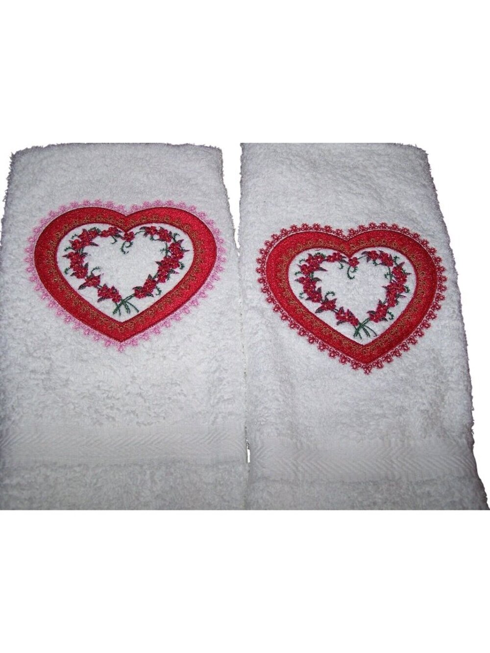 Kitchen Towel Embroidered 100%  Set 2 Cotton Terry  Pink & Red Hearts & Flowers